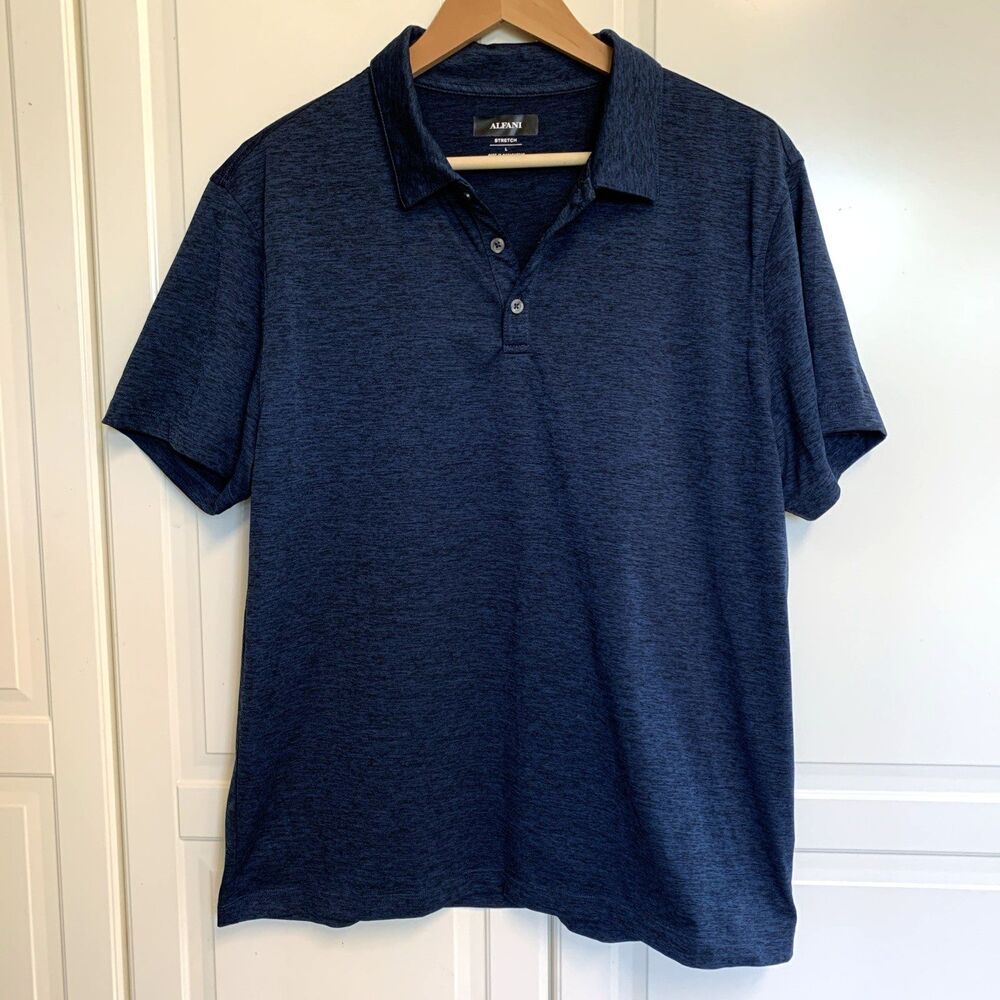 Alfani Stretch Collared Short Sleeve Polyester Polo Shirt Blue Men's Large L